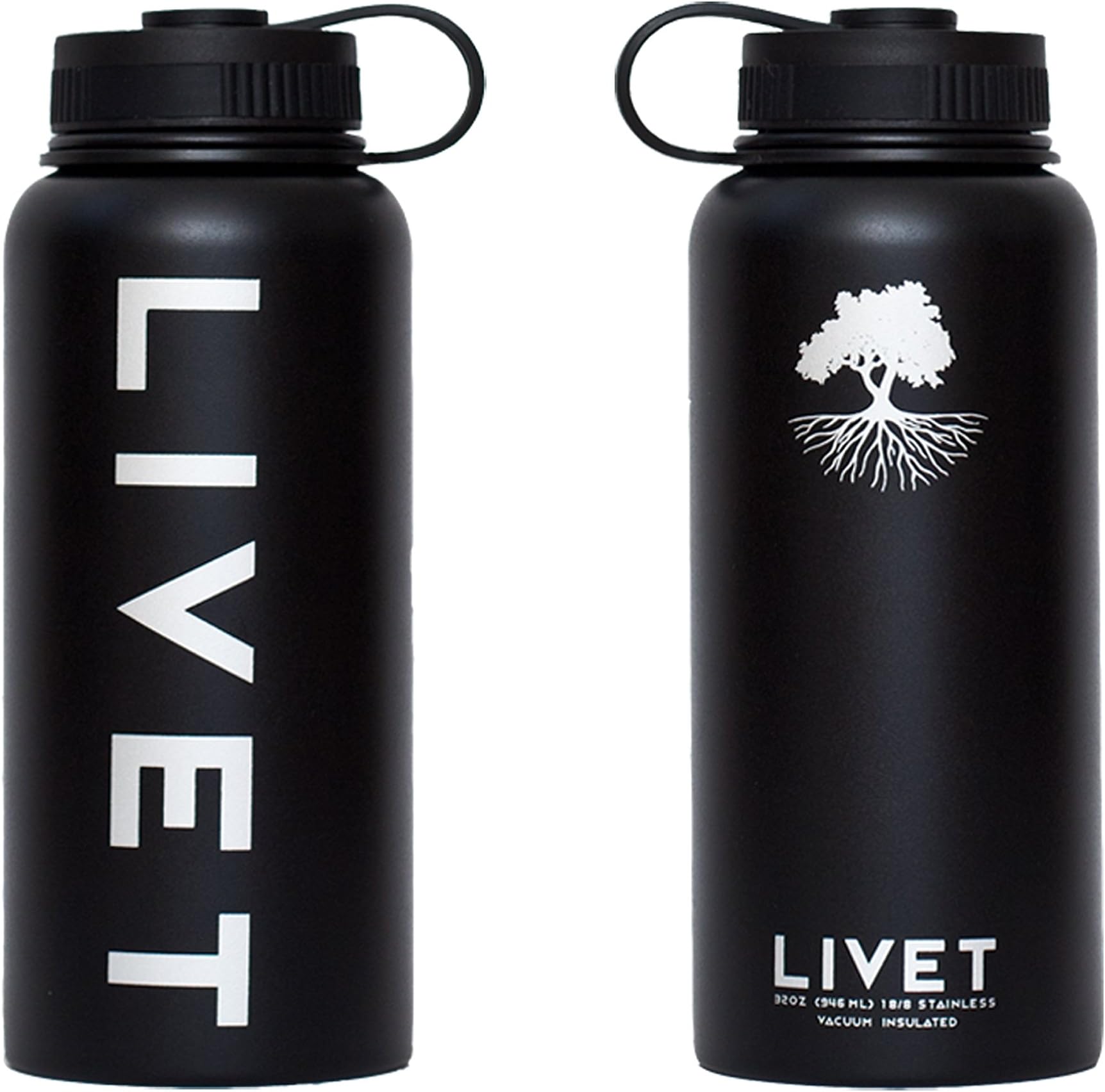 Stainless Steel Powder Coated BPA Free Water Bottle by Livet 32 oz - Black