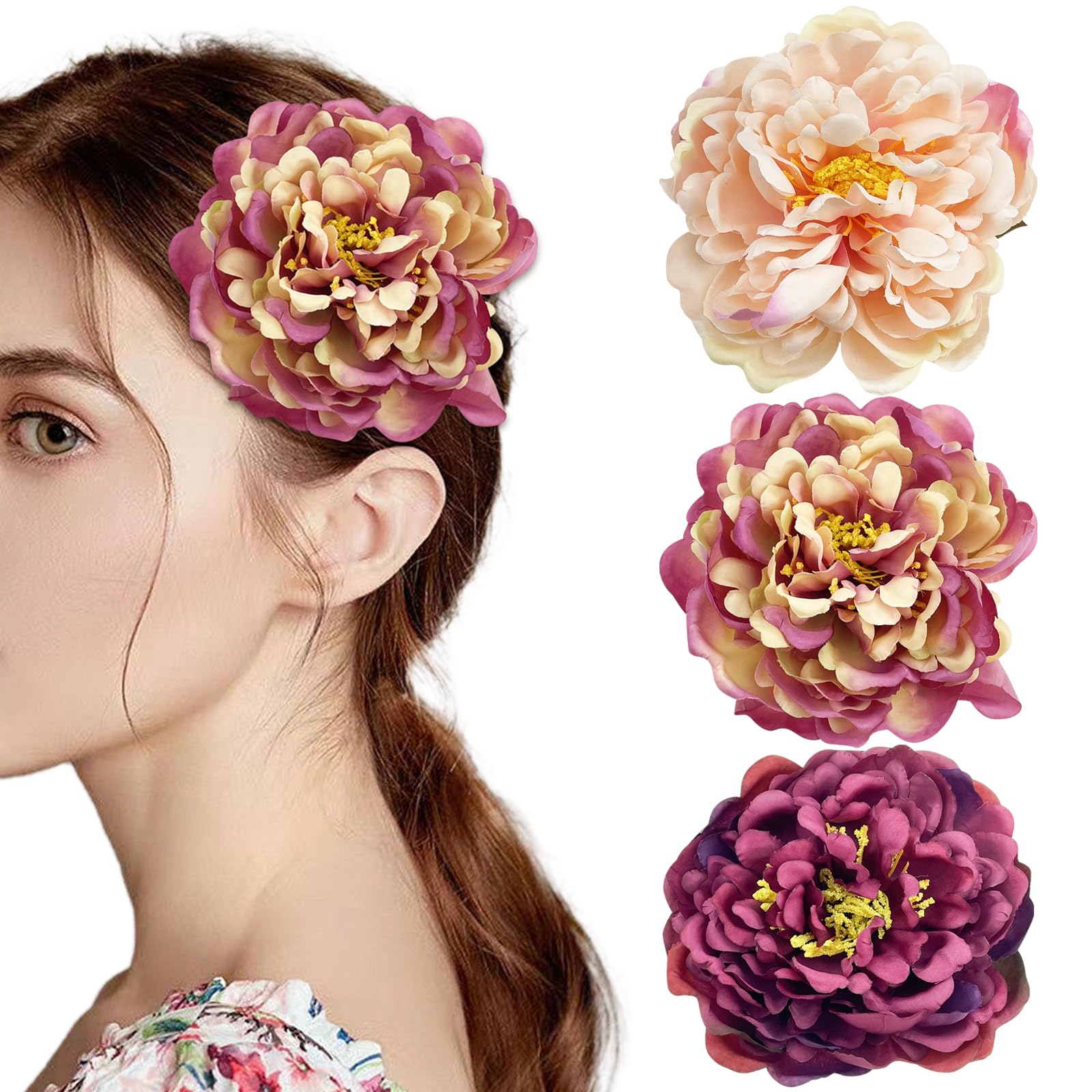 View 1 of 3 Pcs Peony Flower Hair Clips 2 in 1 Bridal Flower Brooch Floral Hairpins Wedding Party Headwear Accessories for Women Girls