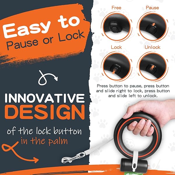 MOESTAR UFO RETRACTABLE DOG LEASH HANDS FREE WEARABLE WITH POOP BAG HOLDER ONE-HANDED BRAKE PAUSE LOCK 360° TANGLE FREE 10FT DOG LEASH FOR UP TO 66LBS MEDIUM SMALL DOGS (BLACK/ORANGE)