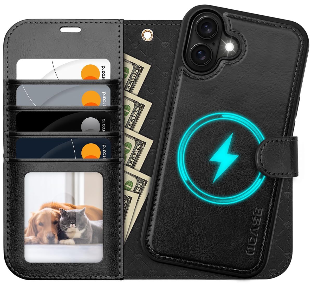 OCASE for iPhone 16 Plus Case, Detachable 2 in 1 PU Leather Wallet Case with RFID Blocking, Wireless Charging, Card Holders, Kickstand, Shockproof Removable Phone Cover, Black