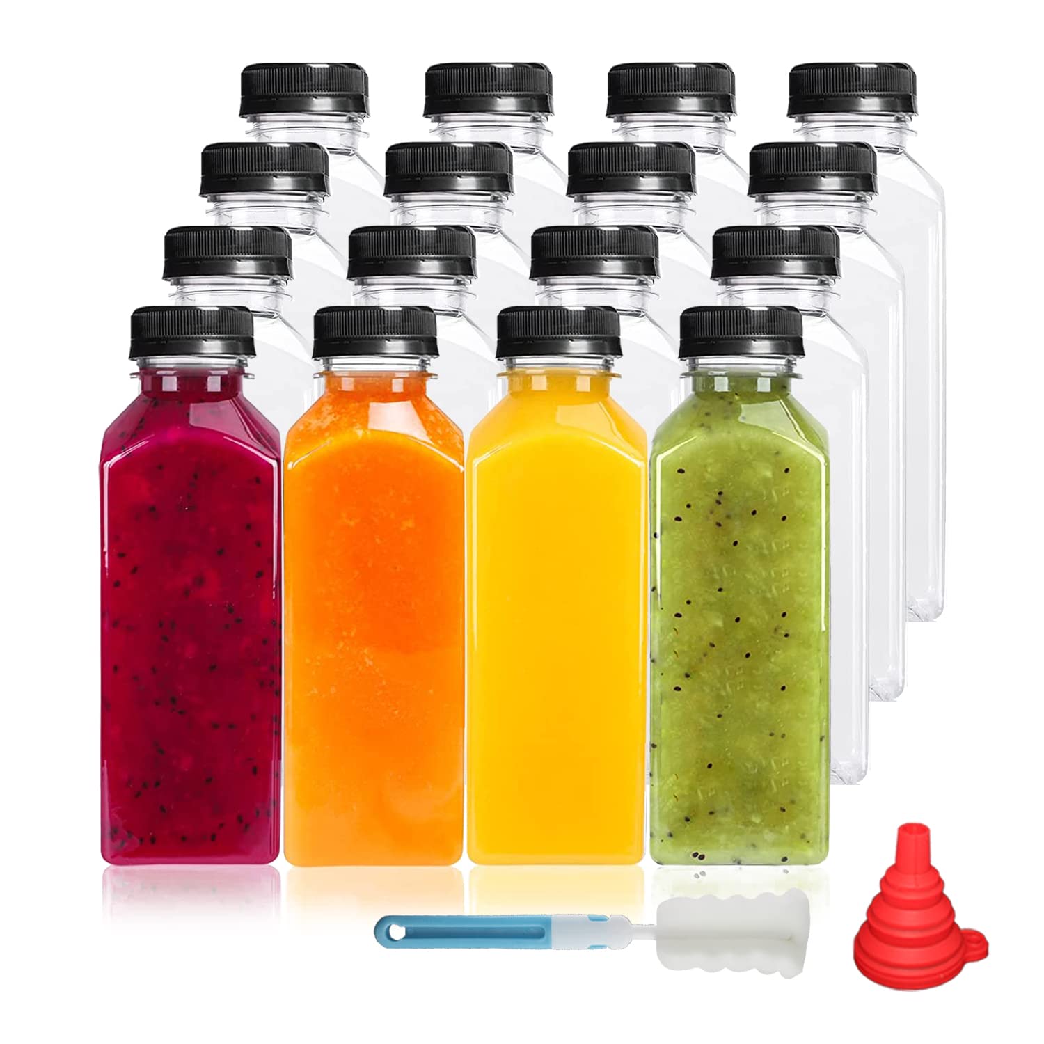 YBCPACK 16 Pack 350 ml Clear Plastic Juice Bottles with Lids for Mini Fridge, 12 oz Empty Reusable Drink Containers for Smoothie, Milk, Juicing, and Other Drinkings.