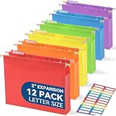 SortRax Plastic Hanging File Folders, 2" Expansion, Letter Size, Multicolor | Extra Capacity for Bulky Files, Sturdy Plastic, Fully Enclosed Sides, Insertable 1/5-Cut Tabs, 12-Pack for Filing Cabinets
