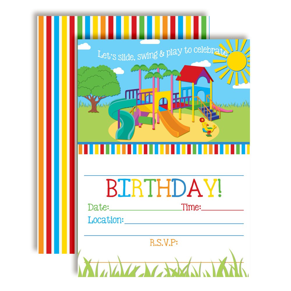 Party in the Park Playground Birthday Party Invitations, 20 5"x7" Fill In Cards with Twenty White Envelopes by AmandaCreation
