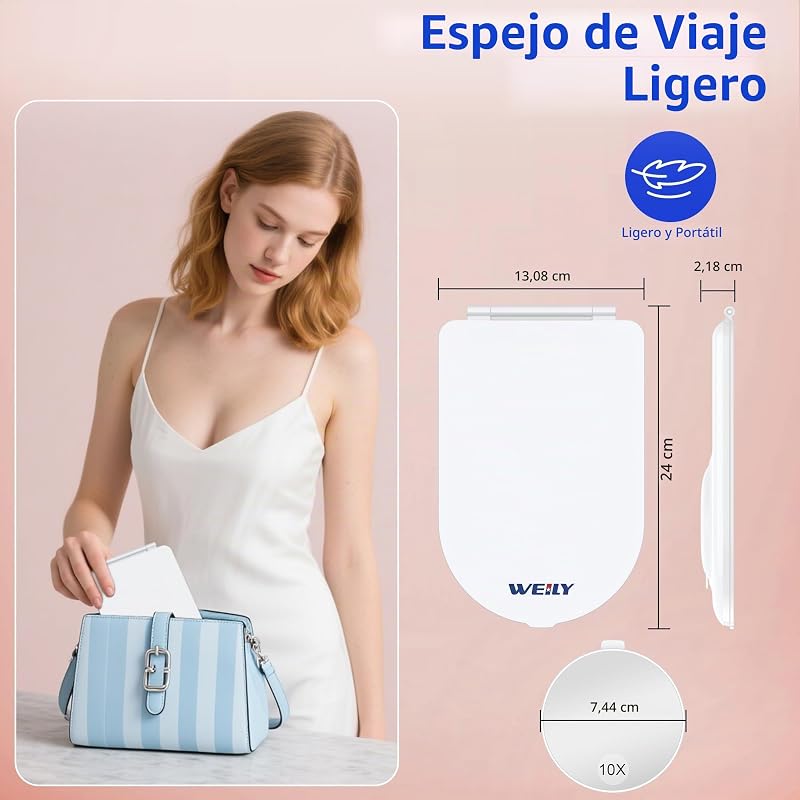 Espejo Maquillaje con Luz 1X/10X, Espejo Aumento con 3 Luces de Color, Control Táctil, Recargable Portátil Espejo para Dormitorio y Baño