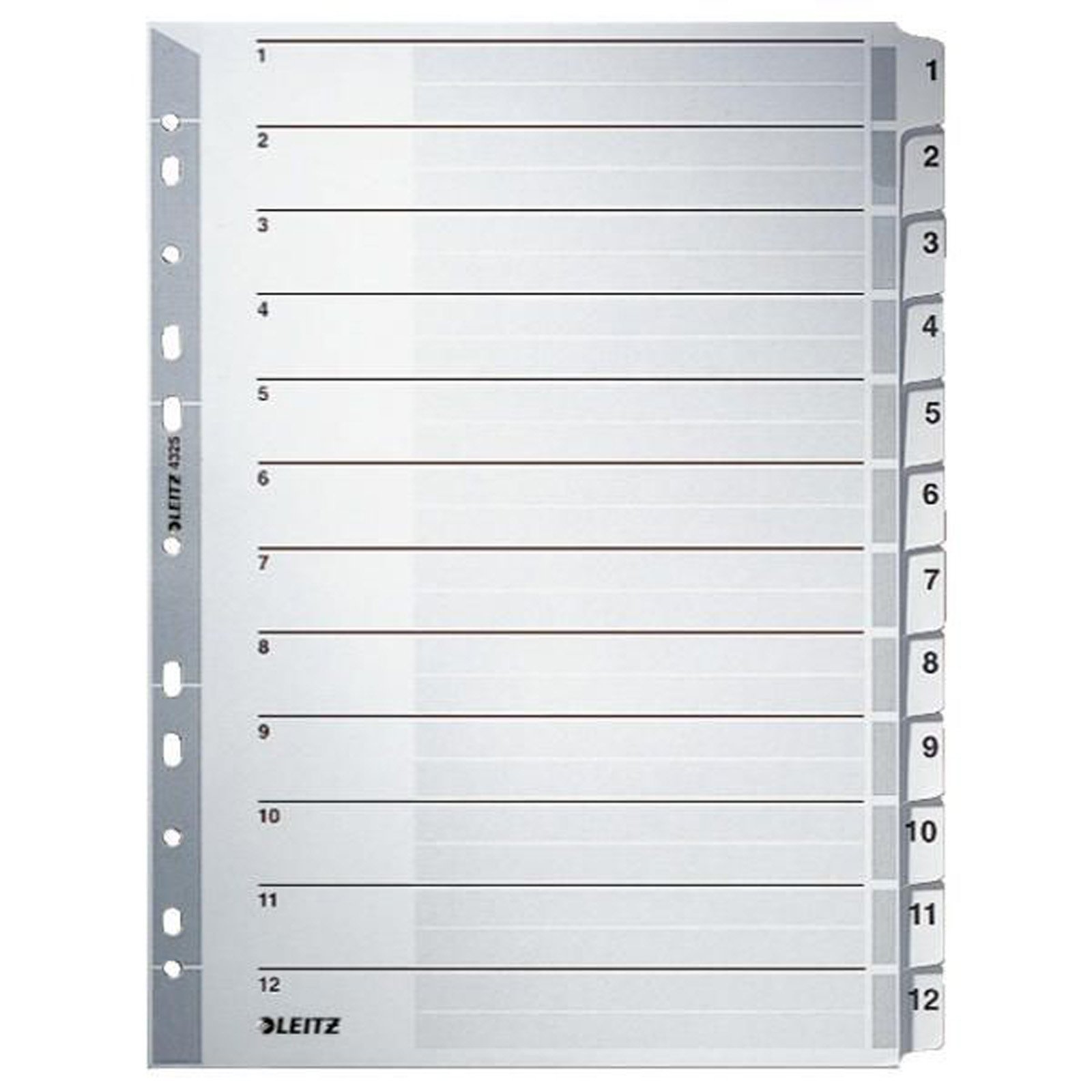 Leitz Index for A4, Cover Sheet and 12 dividers, tabs with Numbers Print 1-12, Perforated Edge and Colourful tabs Film-Reinforced (Mylar), Grey, Cardboard, 43250000