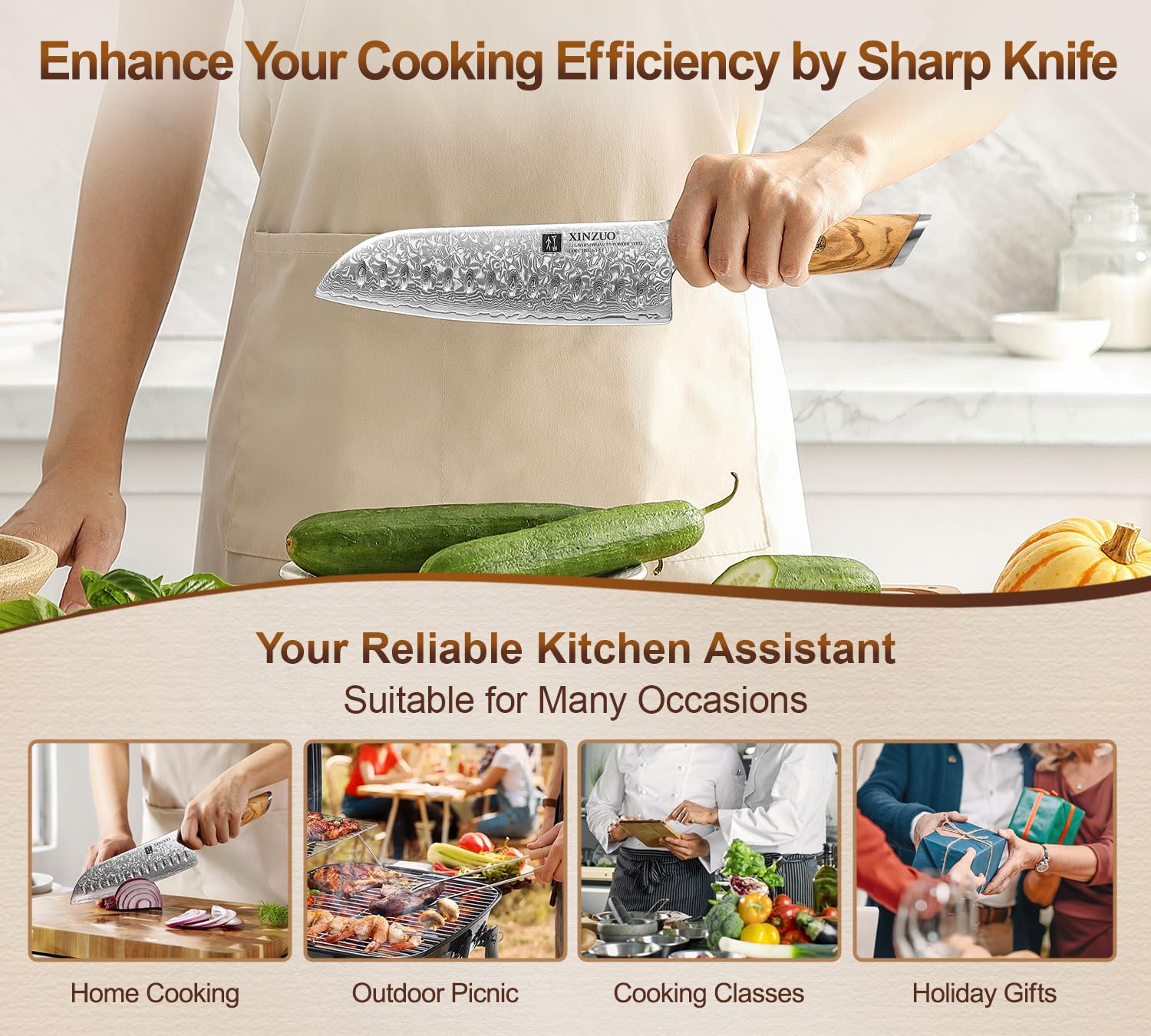 XINZUO Damaststahl 18.2cm Santokumesser, scharf Kochmesser 73 Schichten Damastpulverstahl profi Küchenmesser Chefmesser-mit ergonomischer Olivenholz Griff -Lan Series 8