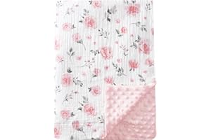 david's kids Muslin Minky Baby Blanket for Girls with Muslin Cotton Front and Dotted Fleece Backing, Breathable and Soft Lightweight Receiving Blanket for Newborns, 30x40 Inches, Floral