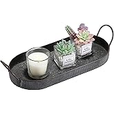Hipiwe Oval Galvanized Metal Iron Tray with Handle, Industrial Style Storage Serving Tray Farmhouse Rustic Decorative Coffee Table Centerpiece for Home Decor