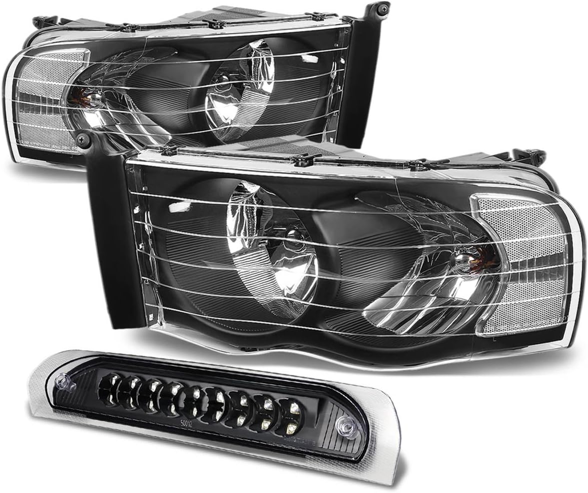 Replacement for Dodge Ram Black Housing Headlight+Black Lens LED 3rd Brake Light - 3rd Gen DR/DH/D1/DC/DM