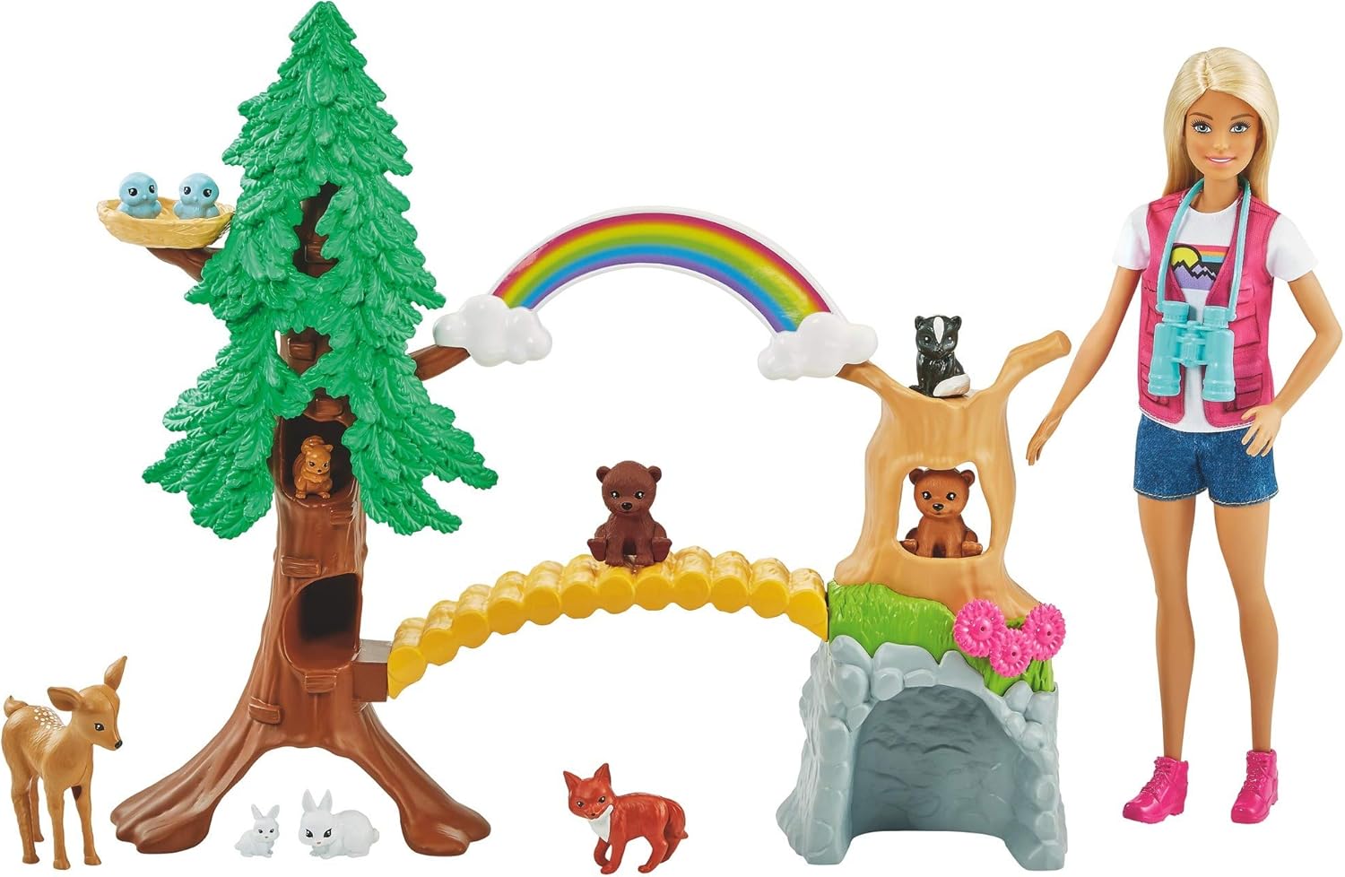 Barbie Wilderness Guide Interactive Playset, Blonde Barbie Doll, Outdoor Tree, Bridge, Overhead Rainbow, 10 Animals & More