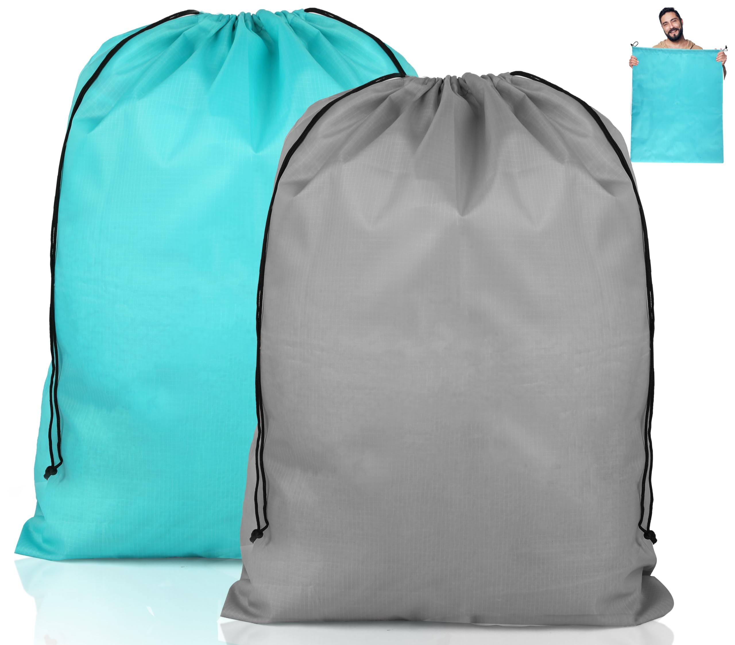 2 Pcs Travel Laundry Bag, Foldable Drawstring Bags, Tear Resistant Small Laundry Bag, Storage Bag for Dirty Clothes Toys Shoes Camping Outdoor, 50 x 60 cm, (Green/Grey)