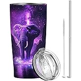 QruKinx Elephant Tumbler 20 oz, Insulated Stainless Steel Travel Mug with Lid & Straw, Animal Printed Hot & Cold Drink Cup, Christmas or Birthday Elephant Gifts for Women and Men