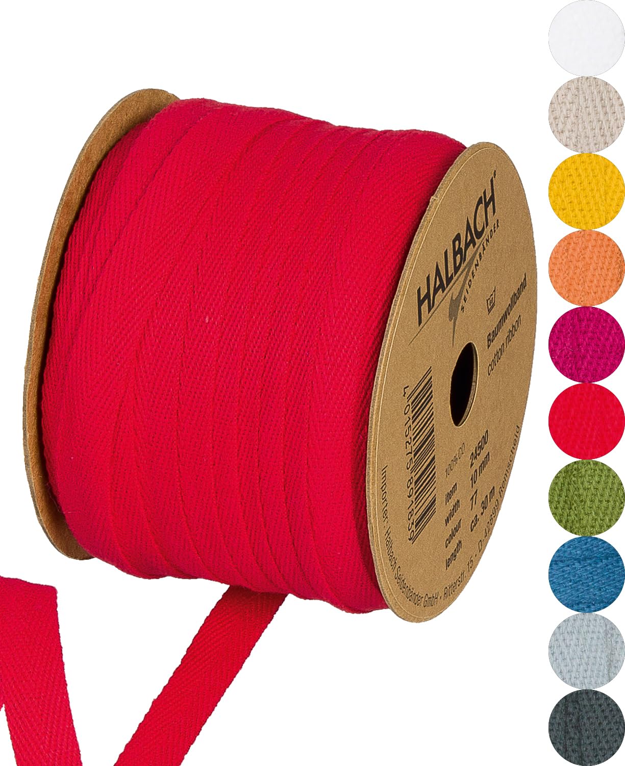 Halbach Seidenbänder 10 mm x 30 m Cotton Ribbon, Red, Ideal for Crafts, Decorations, DIY, Sold by The Metre
