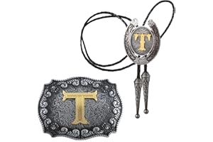 HUABOLA CALYN 2 Pieces Western Cowboy Belt Buckle Bolo tie Set for Men Golden Initial Letter ABCDMJR to Z Costume