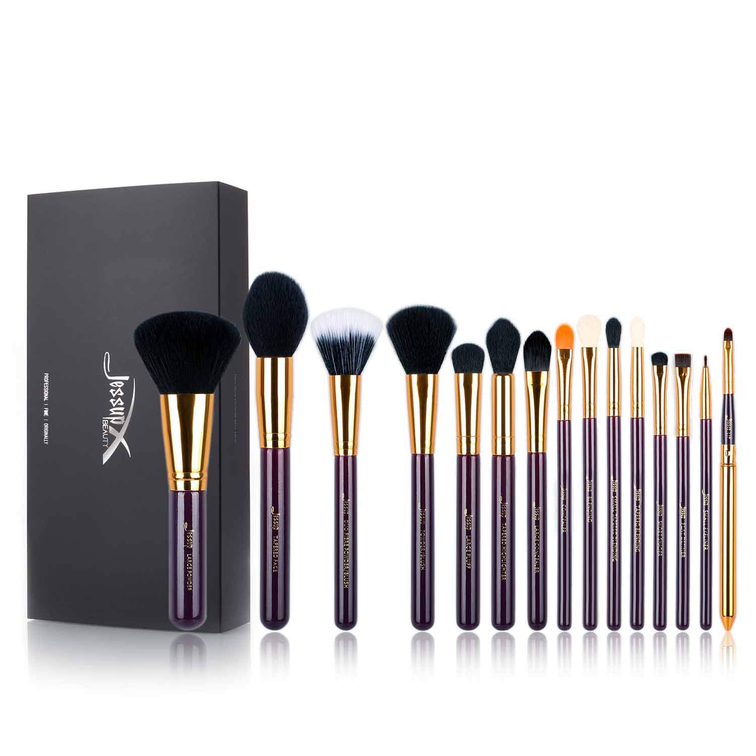 Jessup 15 Pcs Pro Makeup Brushes Makeup Brush Set Beauty Cosmetics Powder Foundation Eyeshadow Eyeliner Blending Lip Make Up Brush Tools Purple/Gold T095