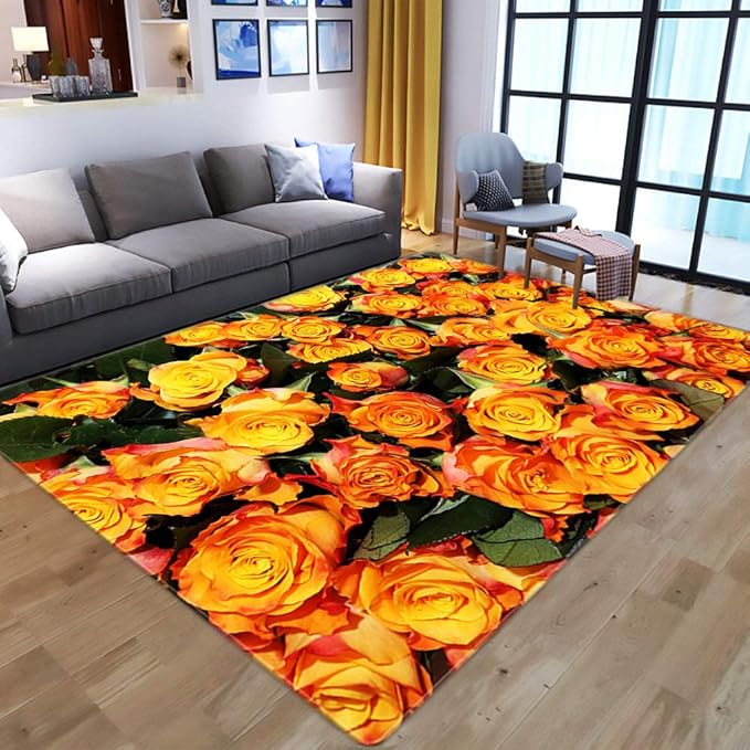 Alfombra Salón Grande,Alfombra Rectangular 3D,Planta,Rosa Amarilla
