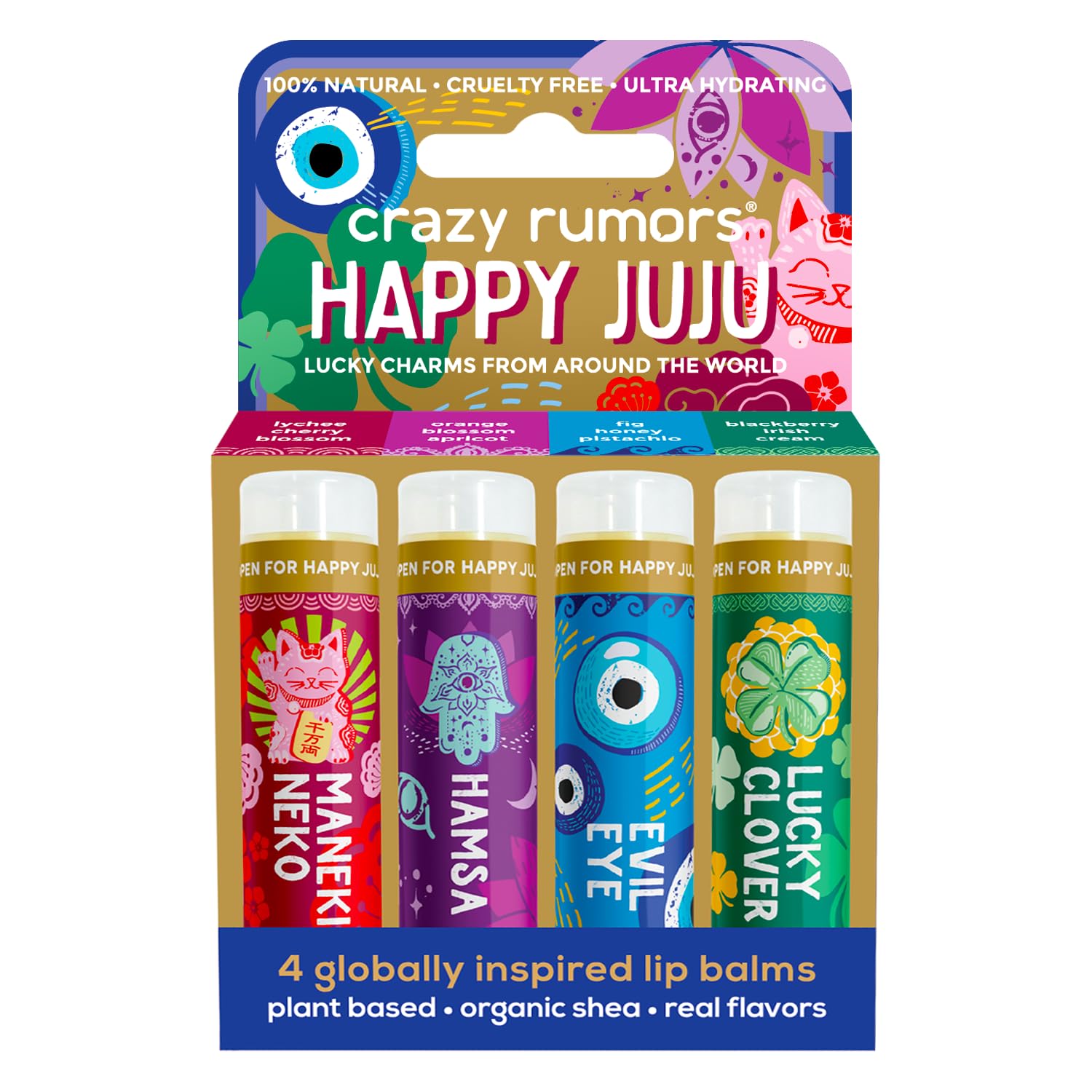 Crazy Rumors Happy Juju Lucky Charms Lip Balm Mix (Maneki Neko, Hamsa, Evil Eye, Lucky Clover): 4 Pack Gift Set, Natural & Vegan lip balm sticks for adults and kids