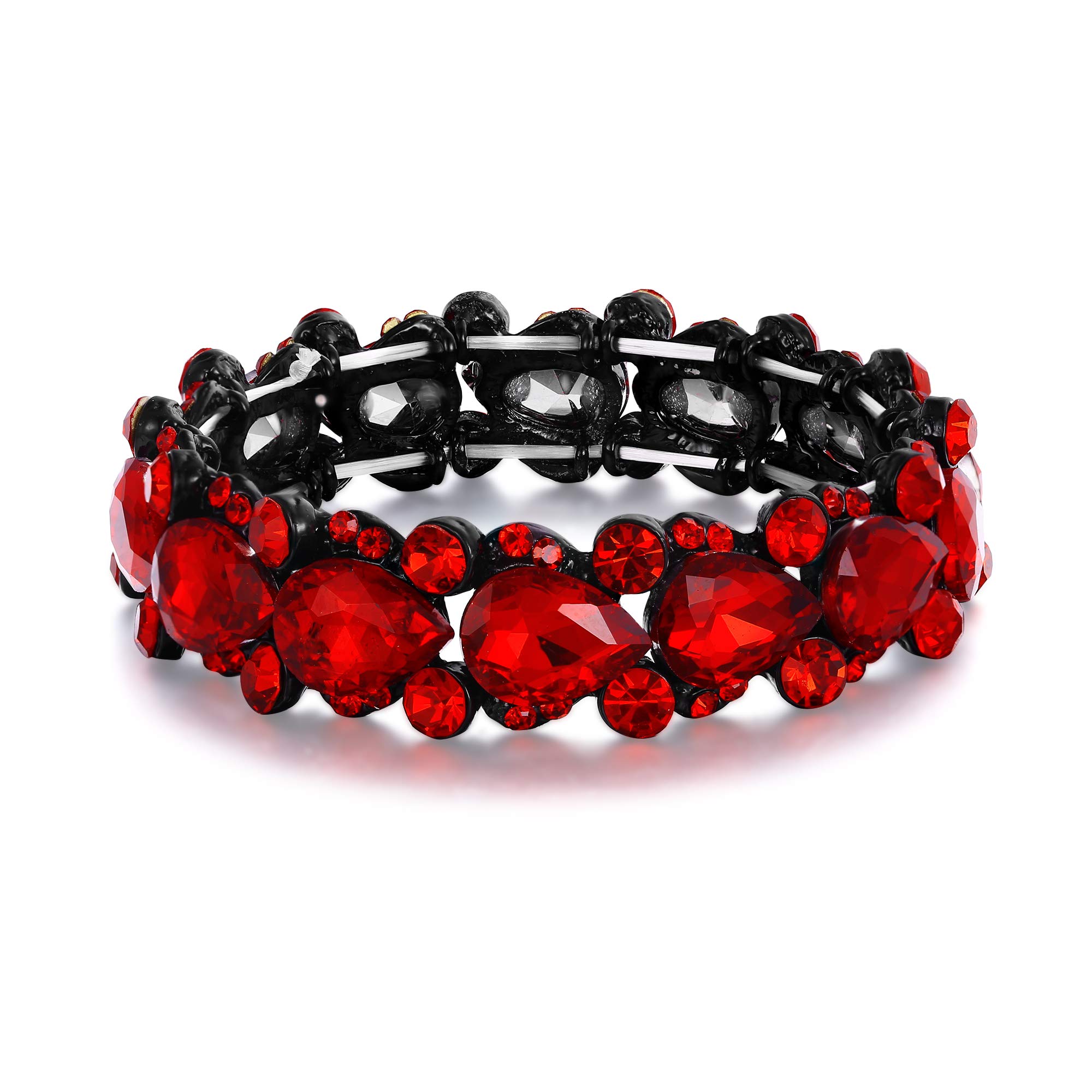Ever Faith Women's Austrian Crystal Wedding Bridal Floral Tear Drop Elastic Stretch Bracelet Red Black-Tone
