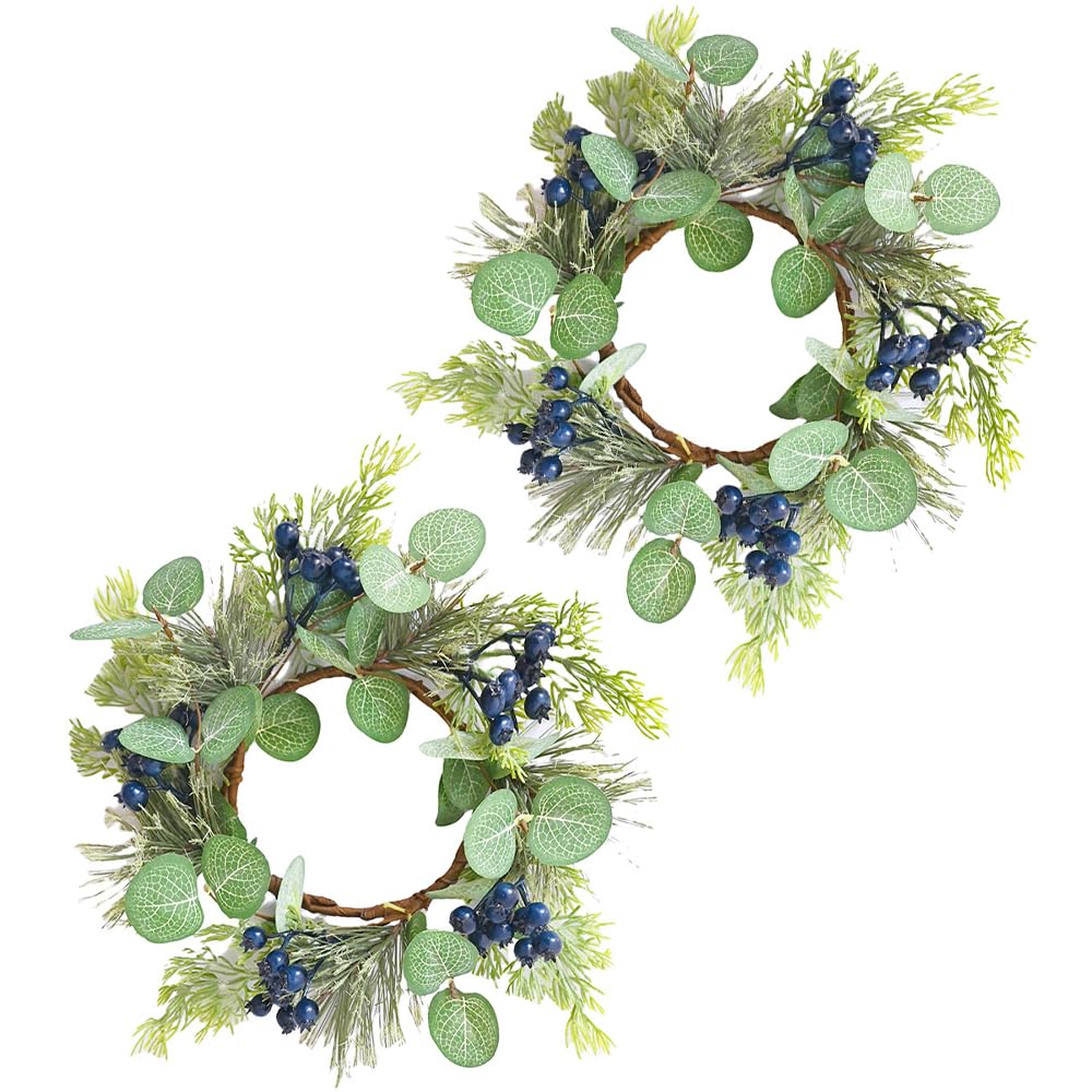 Photo 1 of 2Pcs Candle Rings Artificial Eucalyptus Leaves with Blue Berry Norfolk Pine Wreath Small Boho Wreath Pillar Candle Holder for Spring Summer Wedding Home Door Tabletop Decoration (Blue)