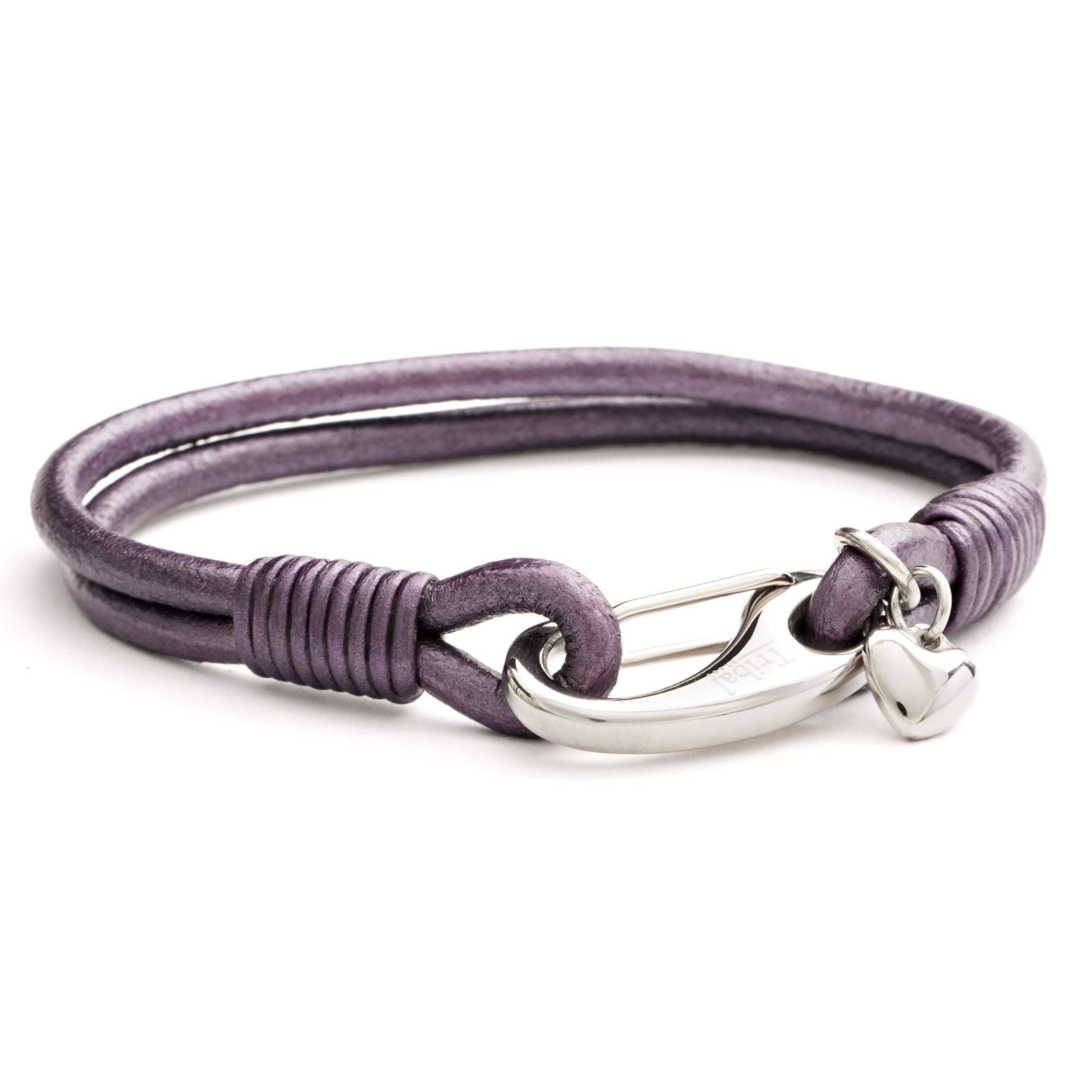 Tribal Steel Women's Purple 2-Stranded Charm Bracelet - Ladies 19.5cm Leather Bracelet with Stainless Steel Heart Charm, Lobster Clasp