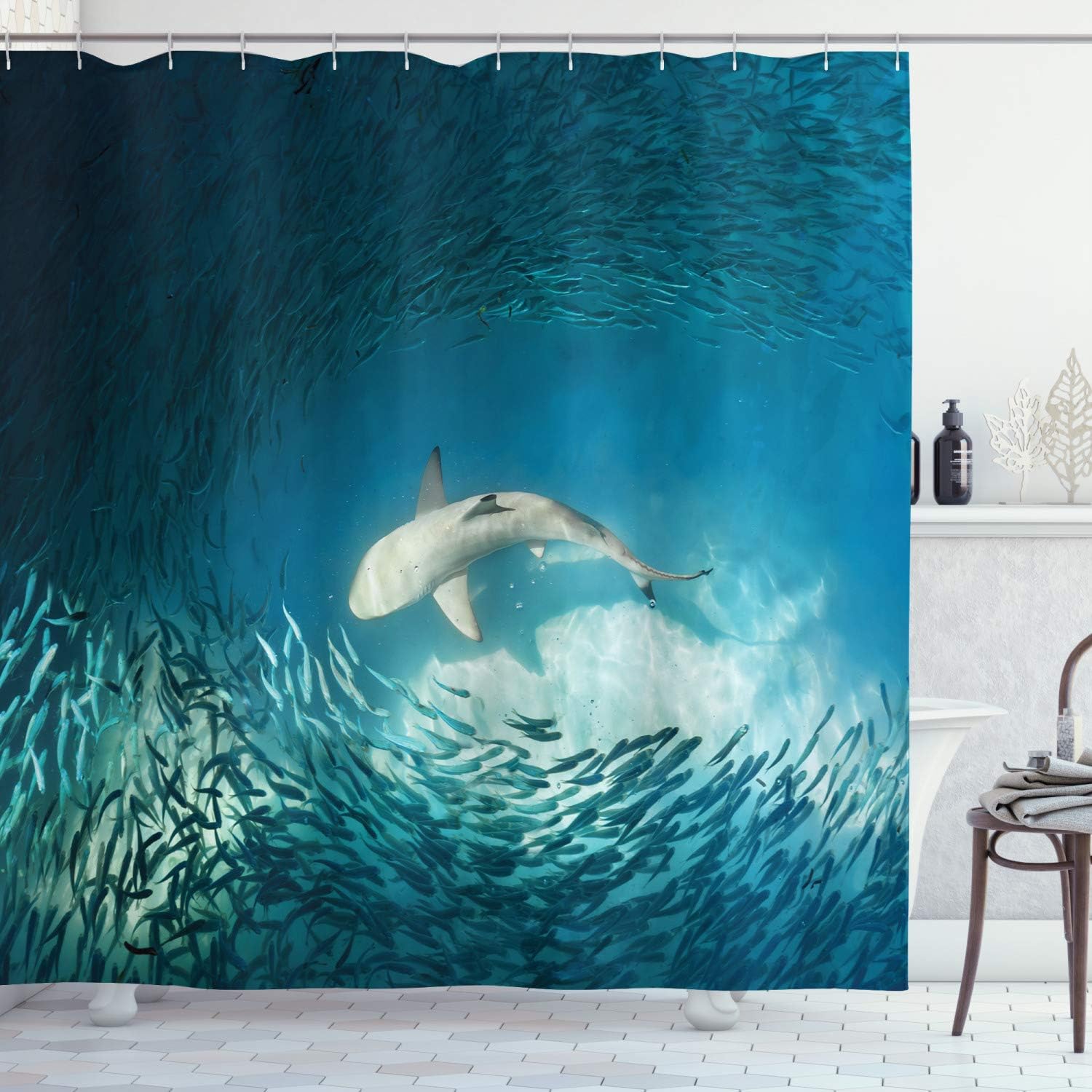 Amazon Com Ambesonne Sea Animals Shower Curtain Shark And Small Fish Ocean Wilderness Waterscape Wildlife Nature Theme Picture Cloth Fabric Bathroom Decor Set With Hooks 75 Long Teal Beige Home Kitchen