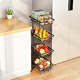 CHLORYARD 4 Tier Slim Fruit Basket for Kitchen, Stackable Metal Wire Fruit Vegetable Storage Baskets Organizer Stand on Wheels, Produce Basket Potato Onion Storage Bins Rack for Pantry. (Black)
