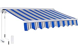 ADVANING 12'x10' Motorized Patio Retractable Awning | Luxury Series | Premium Quality, 100% Solution-Dyed European Acrylic UV Sun Shade, Color: Ocean Blue Stripes, EA1210-A447H2