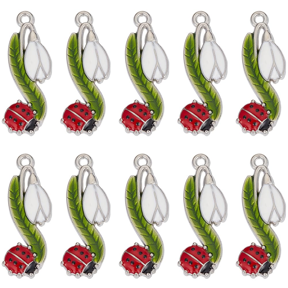 SUNNYCLUE 1 BOX 20PCS Ladybug Charms Bulk Ladybird Charm Lady Bug Sliver Alloy Enamel Lucky Animal Insect Ladybugs Flower Leaf Beetles Charms for Jewellery Making Charms Earrings Necklace Diy Crafts