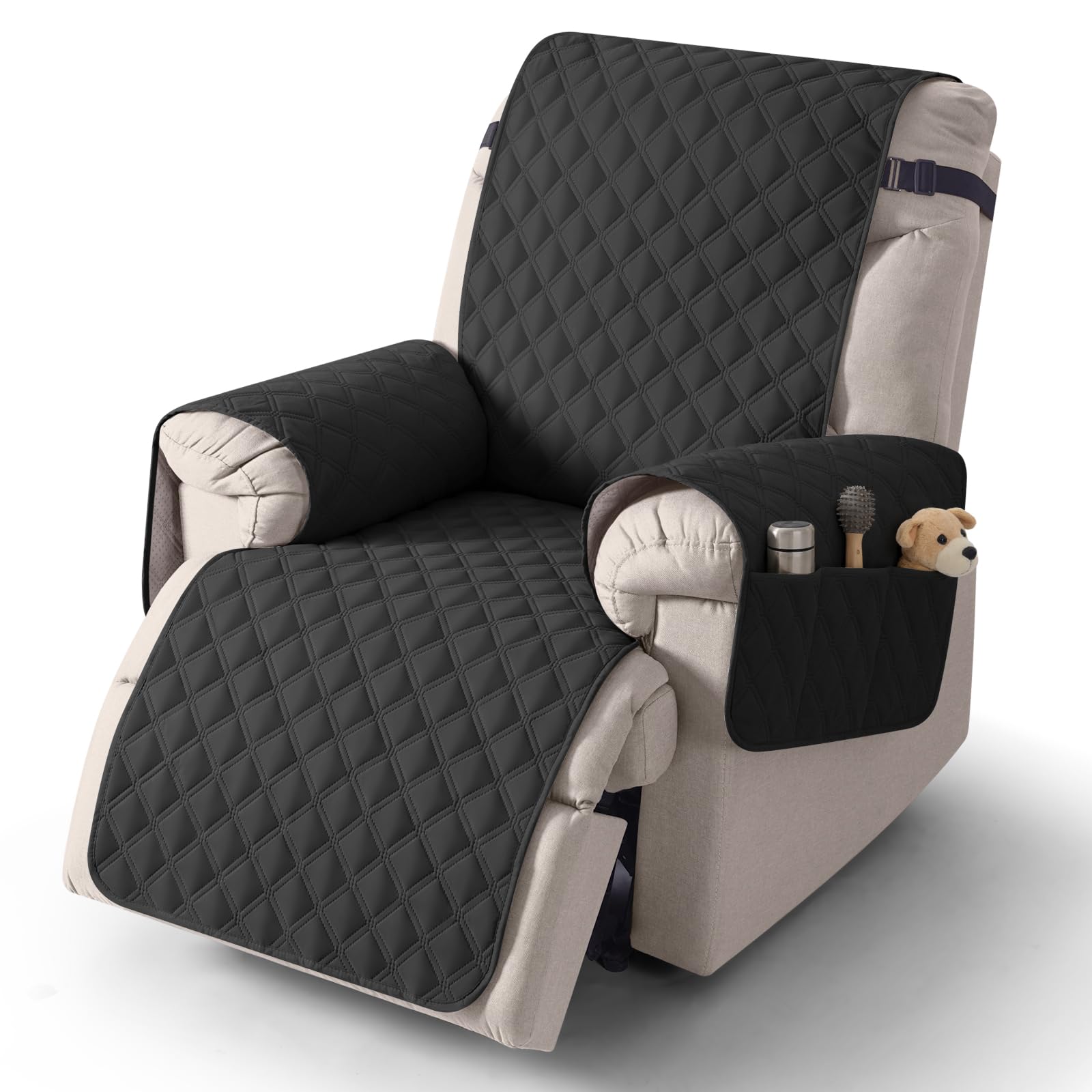 TAOCOCO Recliner Slipcovers,1 Seater Recliner Protector,Waterproof Recliner Covers,Armchair Covers with Pockets,Non Slip Reclining Sofa Covers Arm Chair Covers for Pets/Dogs/Kids(Black)
