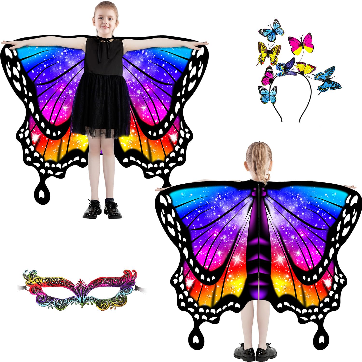 Plainshe Butterfly Wings for Girls, Double-Sided Fairy Wing, Kids Butterfly Costume for Halloween, 3PCS Cape Set (Double-Sided 17)