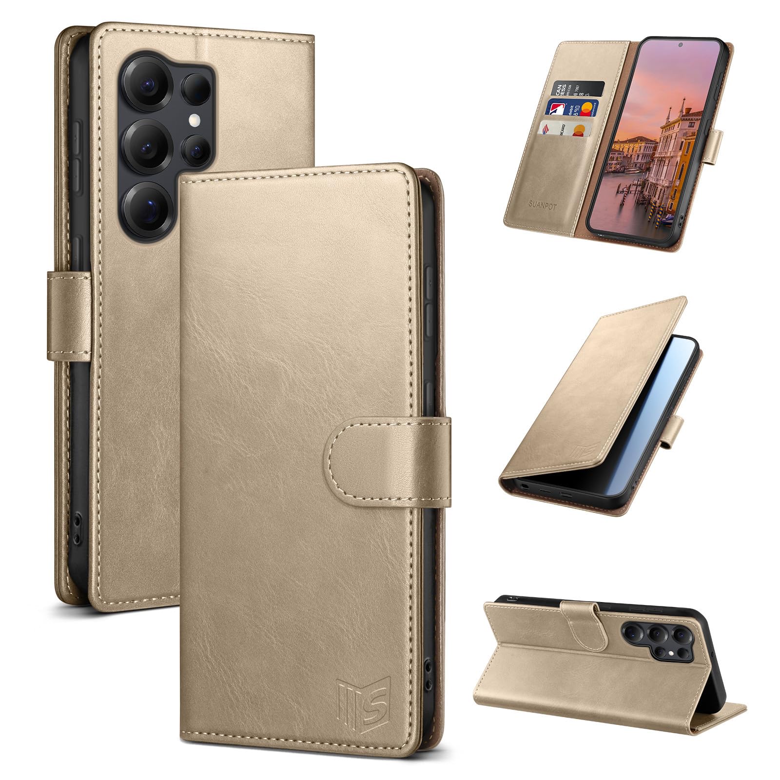 SUANPOT Compatible with Samsung Galaxy S25 Ultra Wallet case with RFID Blocking Credit Card Holder,Flip Book PU Leather Protective Cover Men Women for Samsung S25 Ultra Phone case Golden Color