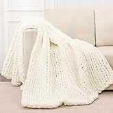 Bigacogo Chunky Knit Throw Blanket for Couch, 80x90 inches, 100% Hand Knitted with Thick Jumbo Chenille Yarn, Cozy Soft Large Rope Knot Cable Crochet Blankets for Sofa Bed Living Room, Ivory
