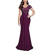 Miusol Women's Deep V-Neck Elegant Lace Sequin Pleated Evening Formal Maxi Dress
