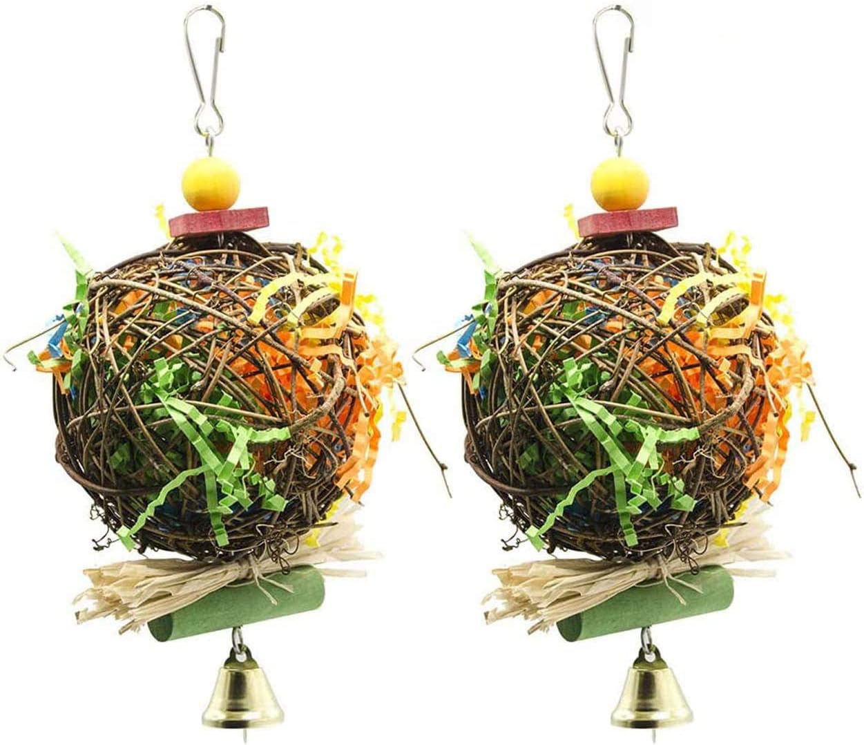 Wonninek 2 Pack Bird Chewing Toy Natural Rattan Ball Come with Paper Strips Foraging Shredder Toy Parrot Cage Hanging Bell Toy for Parrot Budgie Parakeet Cockatiel