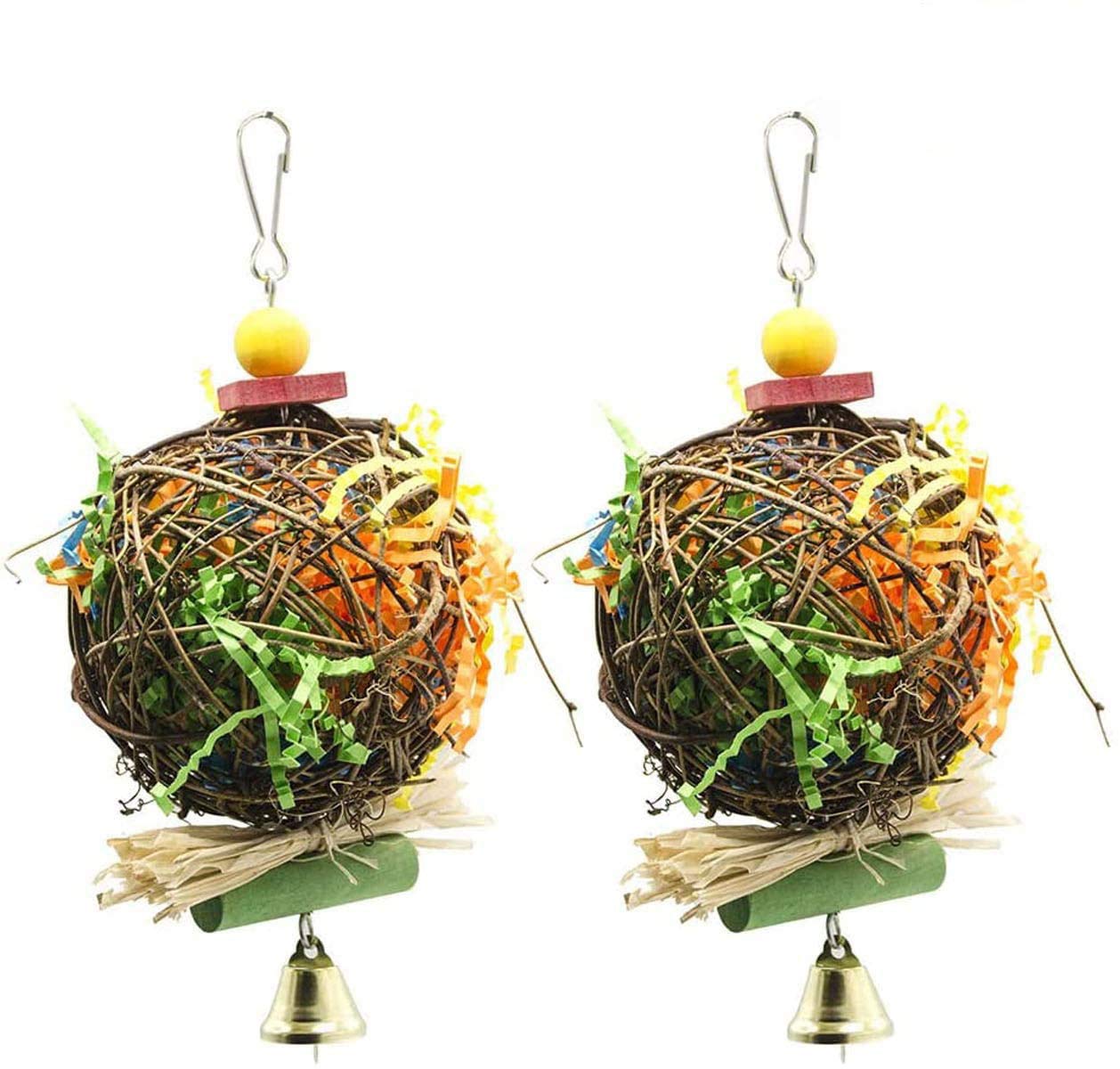 Wonninek 2 Pack Bird Chewing Toy Natural Rattan Ball Come with Paper Strips Foraging Shredder Toy Parrot Cage Hanging Bell Toy for Parrot Budgie Parakeet Cockatiel