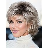 TISHINING Pixie Cut Short Ombre Gray Curly Wigs for White Women Fluffy Layered Mixed Grey Wig with Bangs Natural Looking Synthetic Daily Party Wig