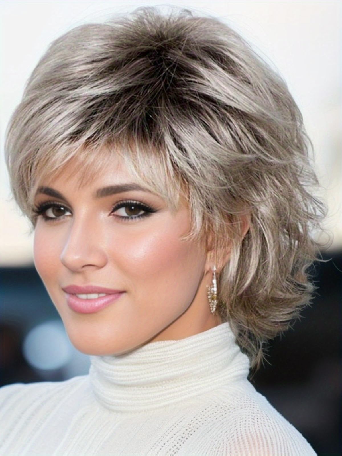 Photo 1 of TISHINING Pixie Cut Short Ombre Gray Curly Wigs for White Women Fluffy Layered Mixed Grey Wig with Bangs Natural Looking Synthetic Daily Party Wig