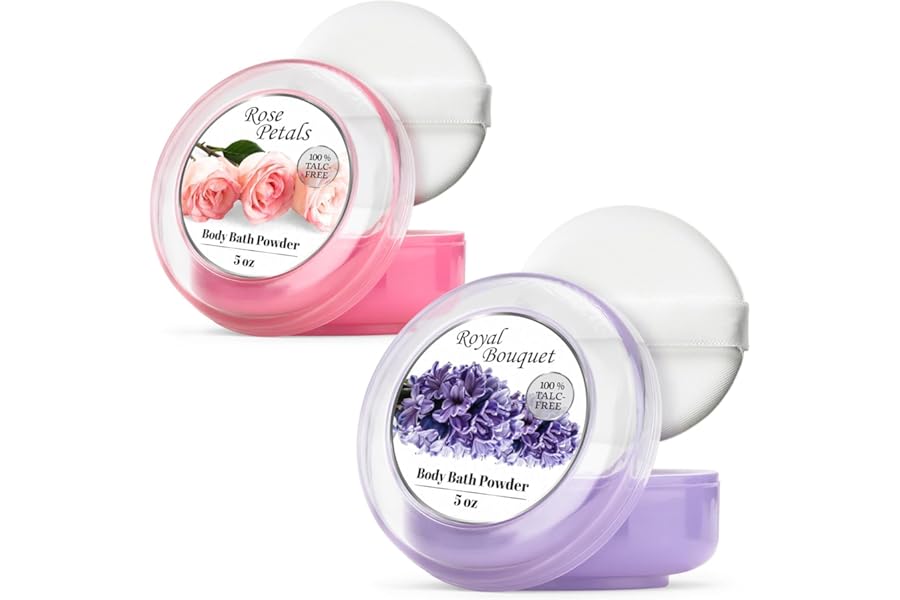 R-NEU 2 Pack Body Powder for Women with Powder Puff, 100% Talc-Free, Elegant Rose Petal & Royal Bouquet Scented Dusting Powder, After Bath for Soft Skin, Extra Large, (2 Pack, 5 Oz Each)