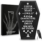 Nomnu Coffin Letter Board, Black Goth Decor with Bat Stickers Spooky Emojis | Wood and Felt board 17x10.5 inches +650 characters 80+ spooky gothic seasonal emojis, sawtooth hanger. Tabletop Stand