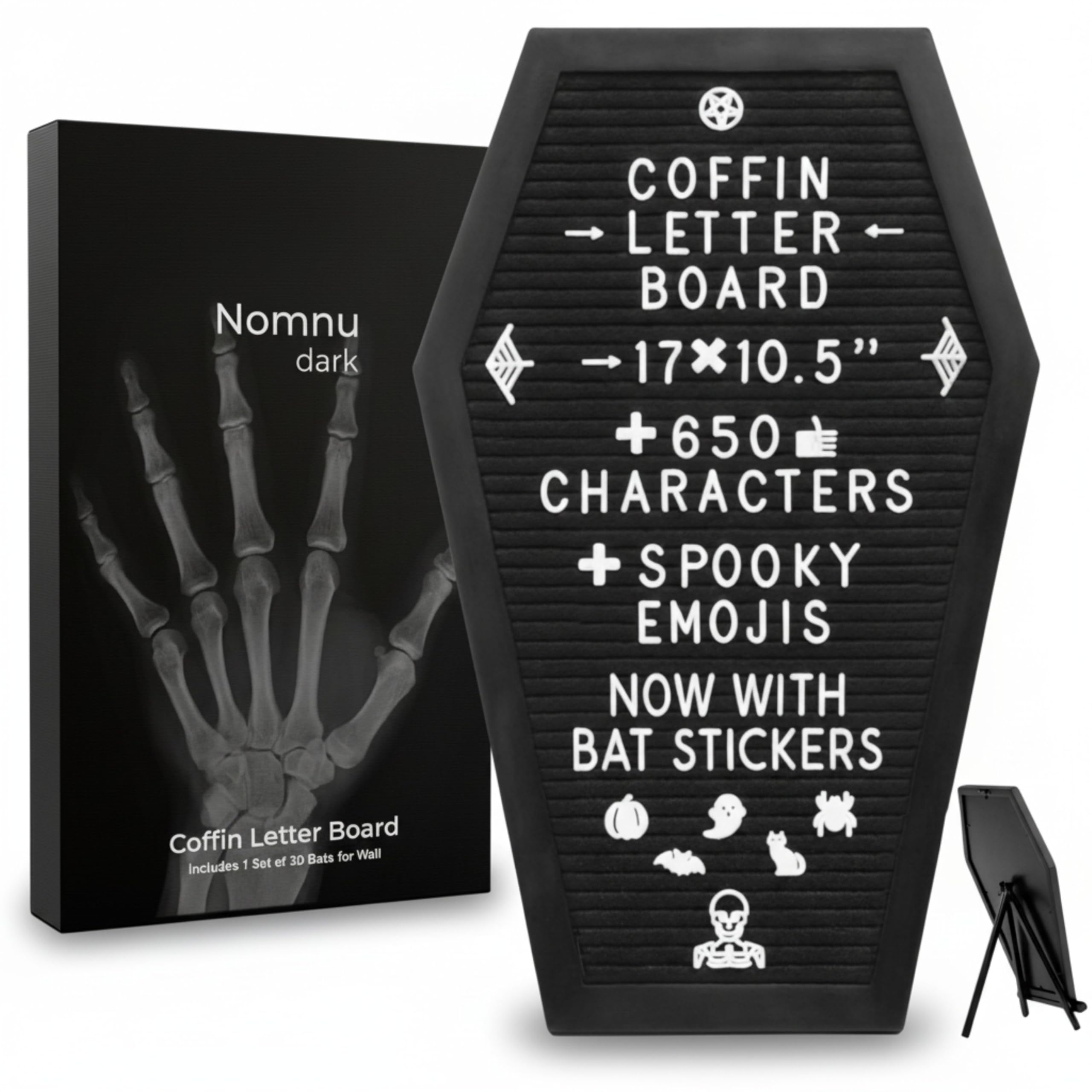 Coffin Letter Board Black With Spooky and Creepmas Emojis +500 Characters, and Wooden Stand - 17x10.5 Inches - Gothic Halloween Decor Spooky Gifts Decorations