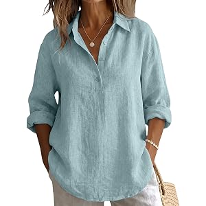 Gauze Linen Shirts for Women Button Down V Neck Cotton Gauzy Tops Long Sleeve Blouses Dressy Casual Loose Fit Tunics