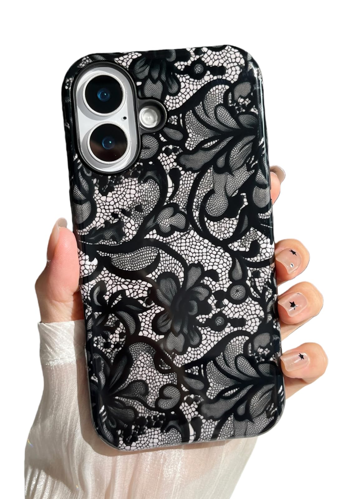 Longlayss Compatible with iPhone 16 Case Lace Phone Case Retro Floral Flower Print for Women Girl Shockproof TPU and Hard PC Protective Cover - Black
