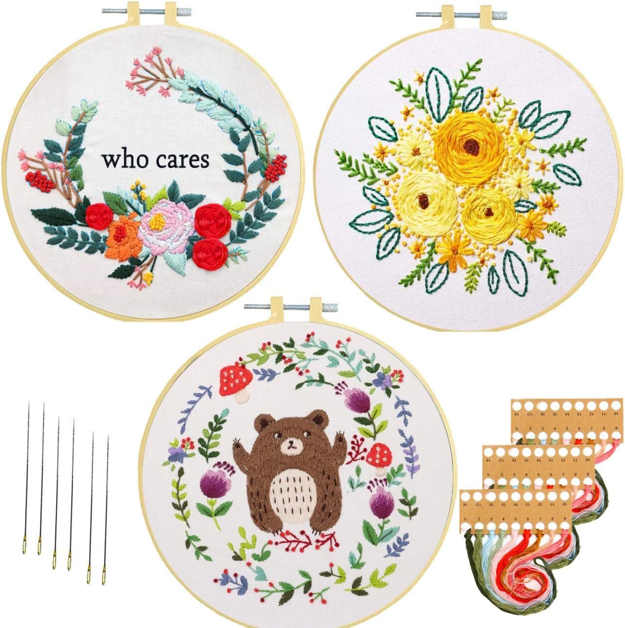 Embroidery Kit,Nuberlic 3 Pack Cross Stitch Kit Needlepoint with Pattern for Adults Kids Including Embroidery Fabric Hoops Thread