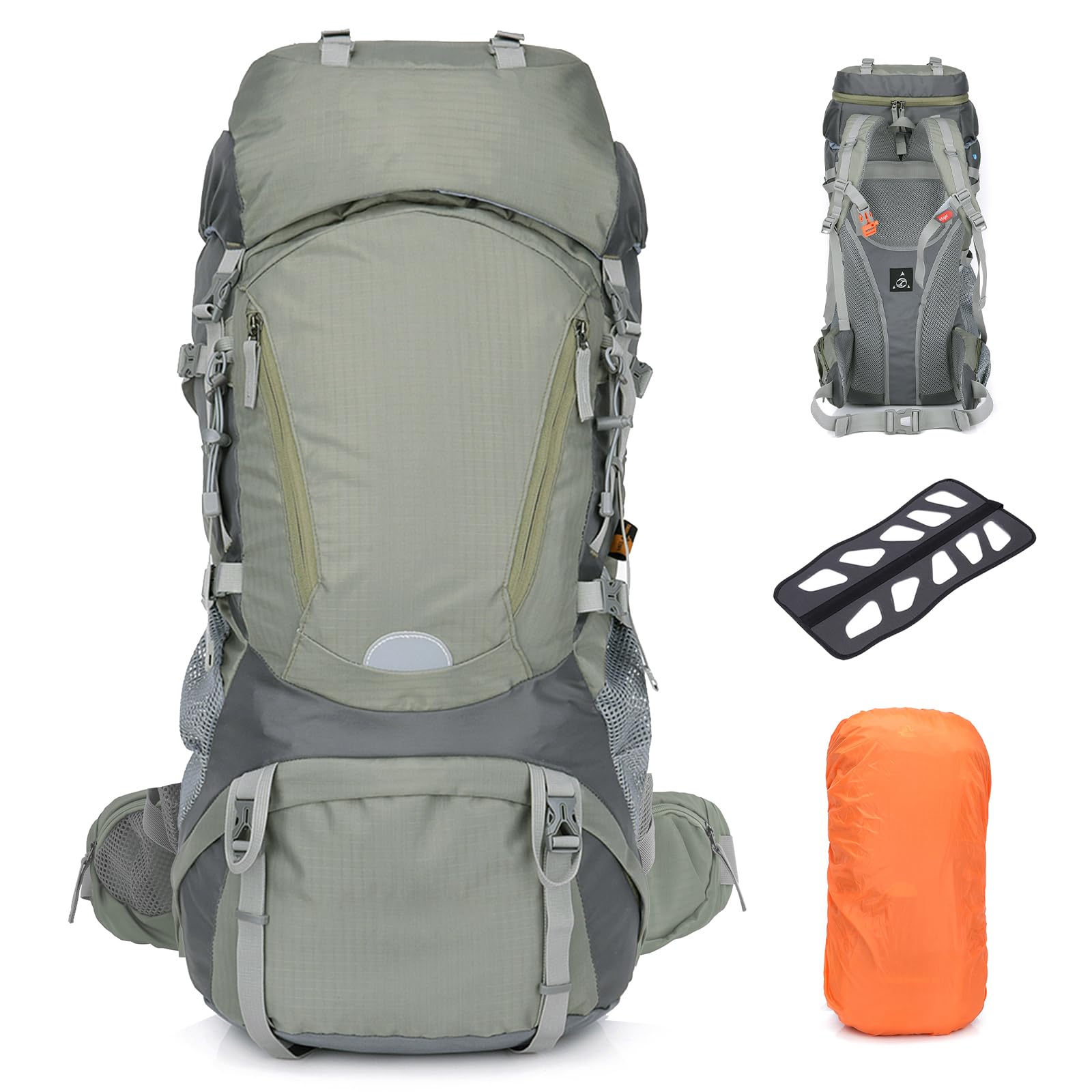 Outplea 60L Internal Frame Hiking Backpack Waterproof for Men Women, Large Camping Backpack with Rain Cover, Camping Rucksack with Back Frame for Travel Trekking Backpacking, Grey