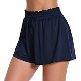 ATTRACO Women's High Waisted Swim Shorts Drawstring Board Shorts with Zipper Pockets Liner