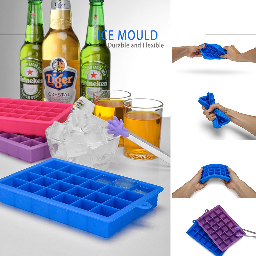 Silicone Ice Cube Trays , Set of 2, 24 Cubes Each,With a Mini Tongs (Purple & Blue)