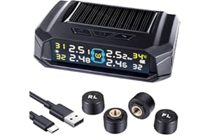 Andeman RV Tire Pressure Monitoring System, Tire Pressure Monitor with Solar and USB Charger TPMS with 4 Sensors & 6 Alarm Modes Tire Temperature Detector LCD Display for RV, Sedan, SUV, MPV