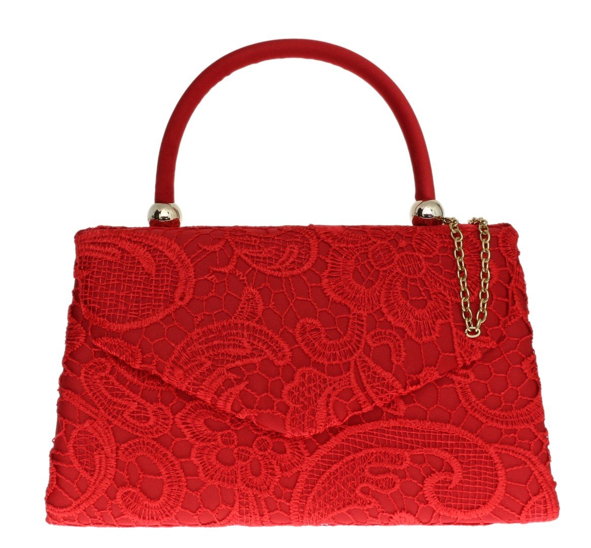 Girly Handbags Womens Lace Satin Top Handle Clutch Bag - Red