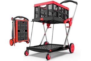 Utility Cart, TOLRET 200 lbs Capacity Folding Shopping Cart, Multi-Functional Collapsible Cart, Grocery Cart on Wheels Foldable with Storage Crate, Platform Hand Truck with Foot Brake, RED
