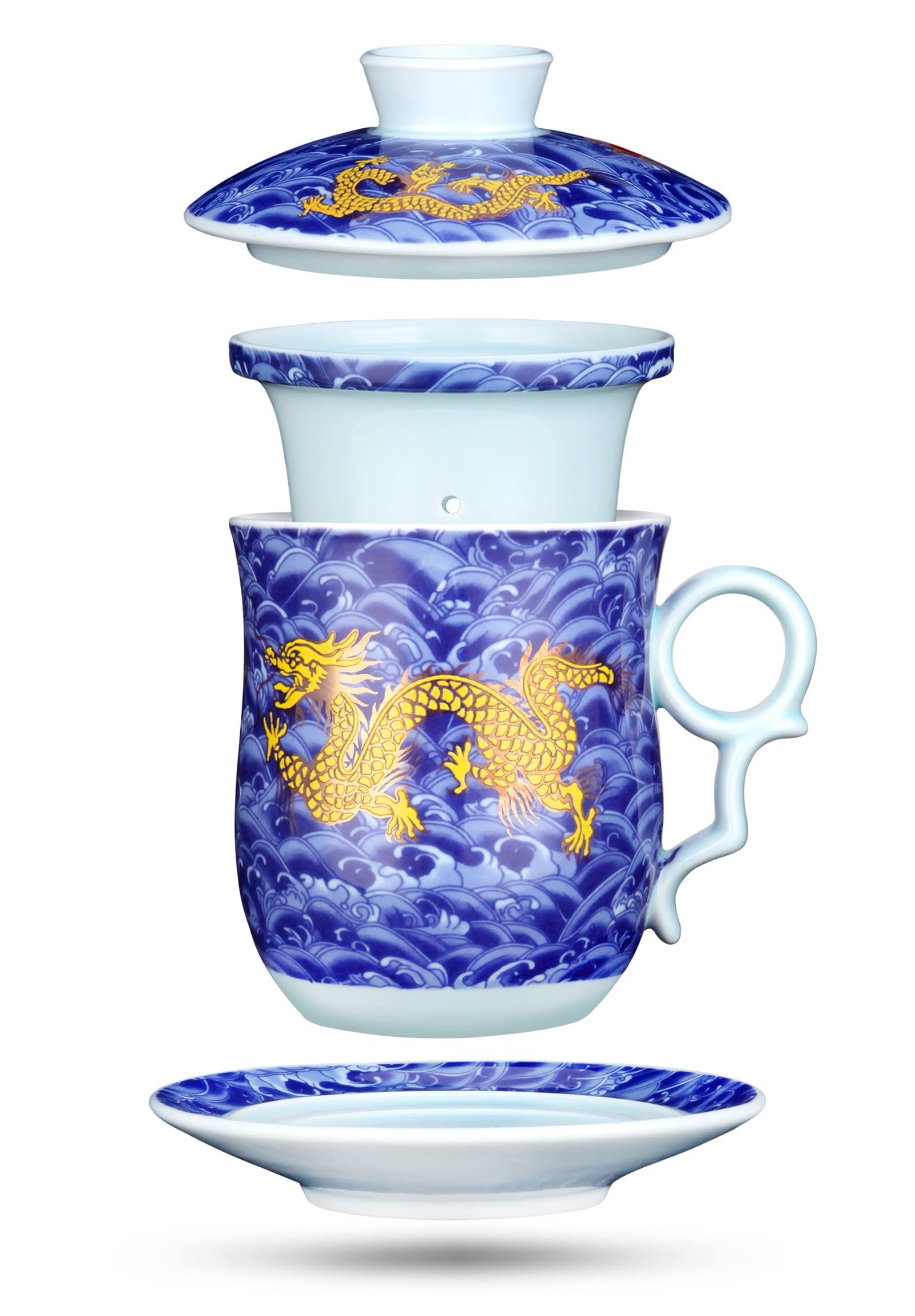 YURROAD 400ml Chinese Tea Cup with Lids Infuser Strainer Saucer, Dragon Pattern, Ceramic Tea Mug for Home Office - Blue TC400